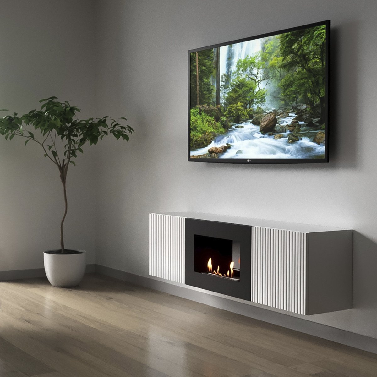 Каминокомплект: Тумба с биокамином Firelight BFP/P-1400L белая+набор керамических дров ель